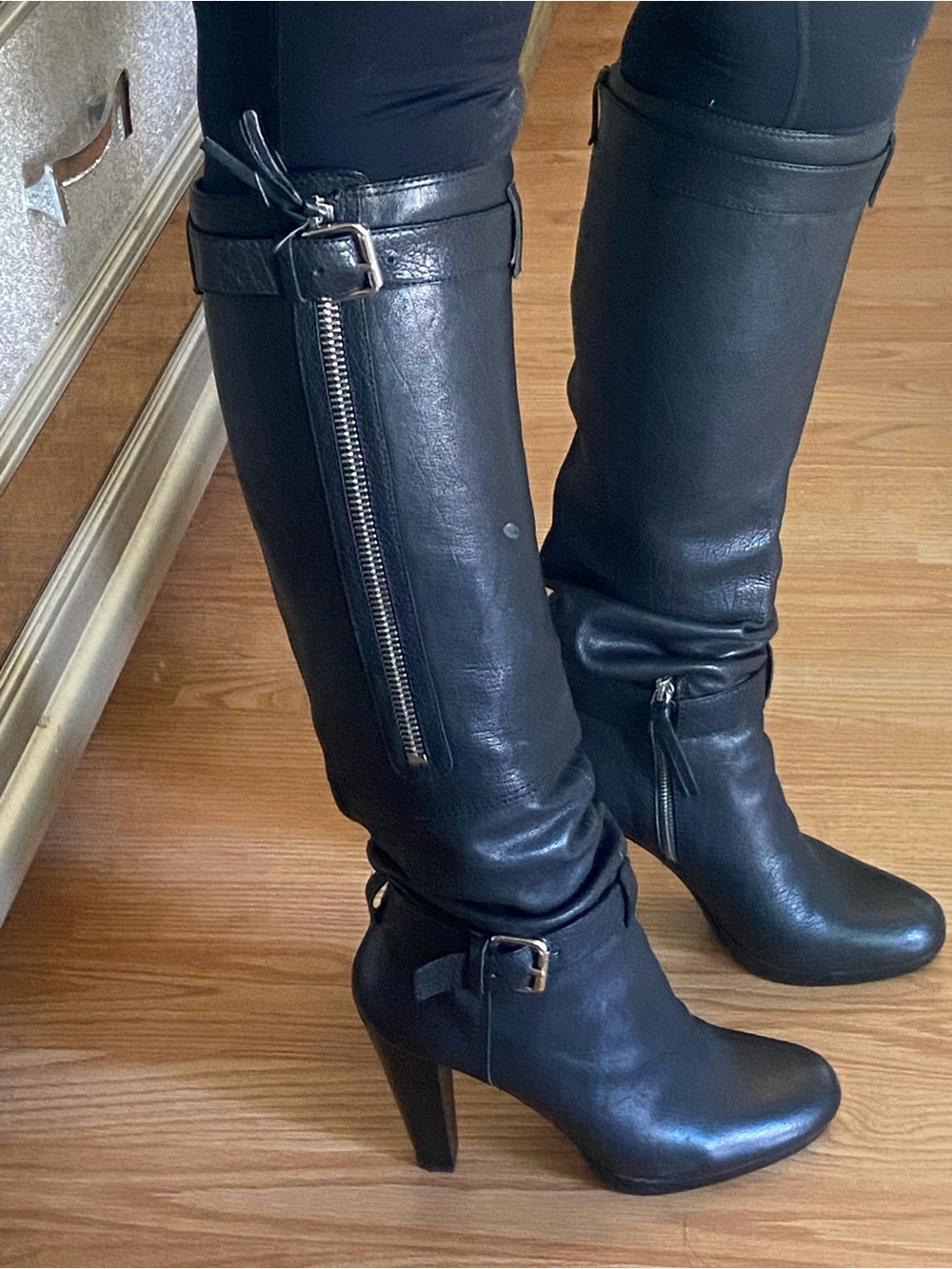 Miu Miu Black Leather Knee-High Zip & Buckle Heeled Boots